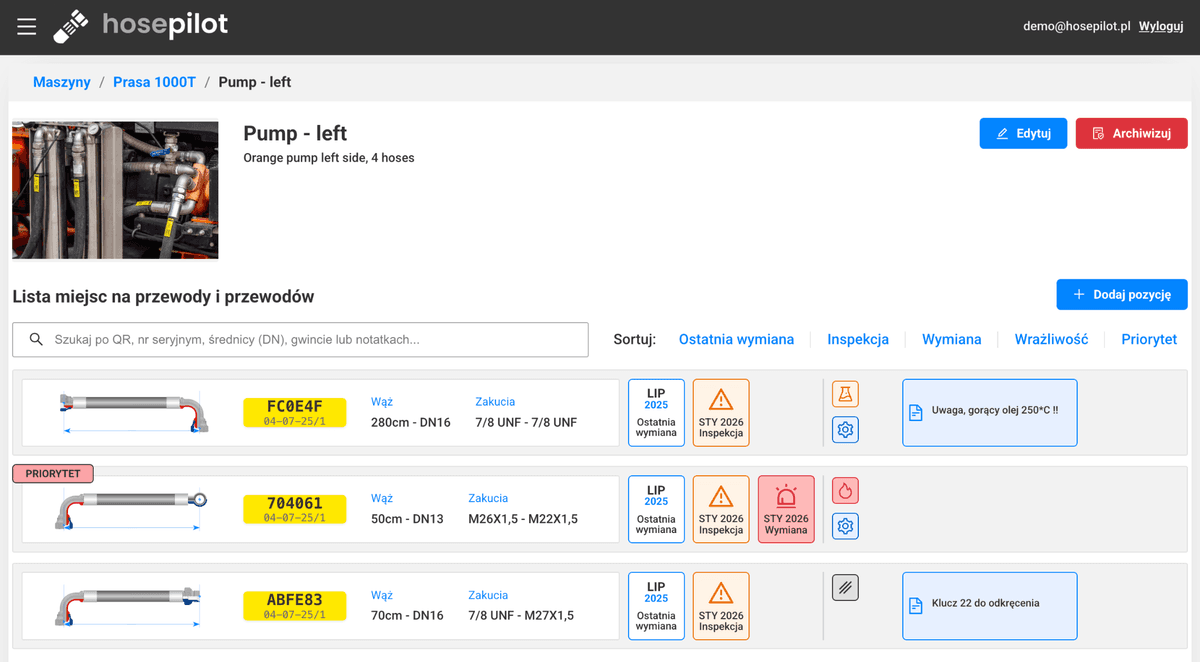 HosePilot - podgląd systemu zarządzania przewodami